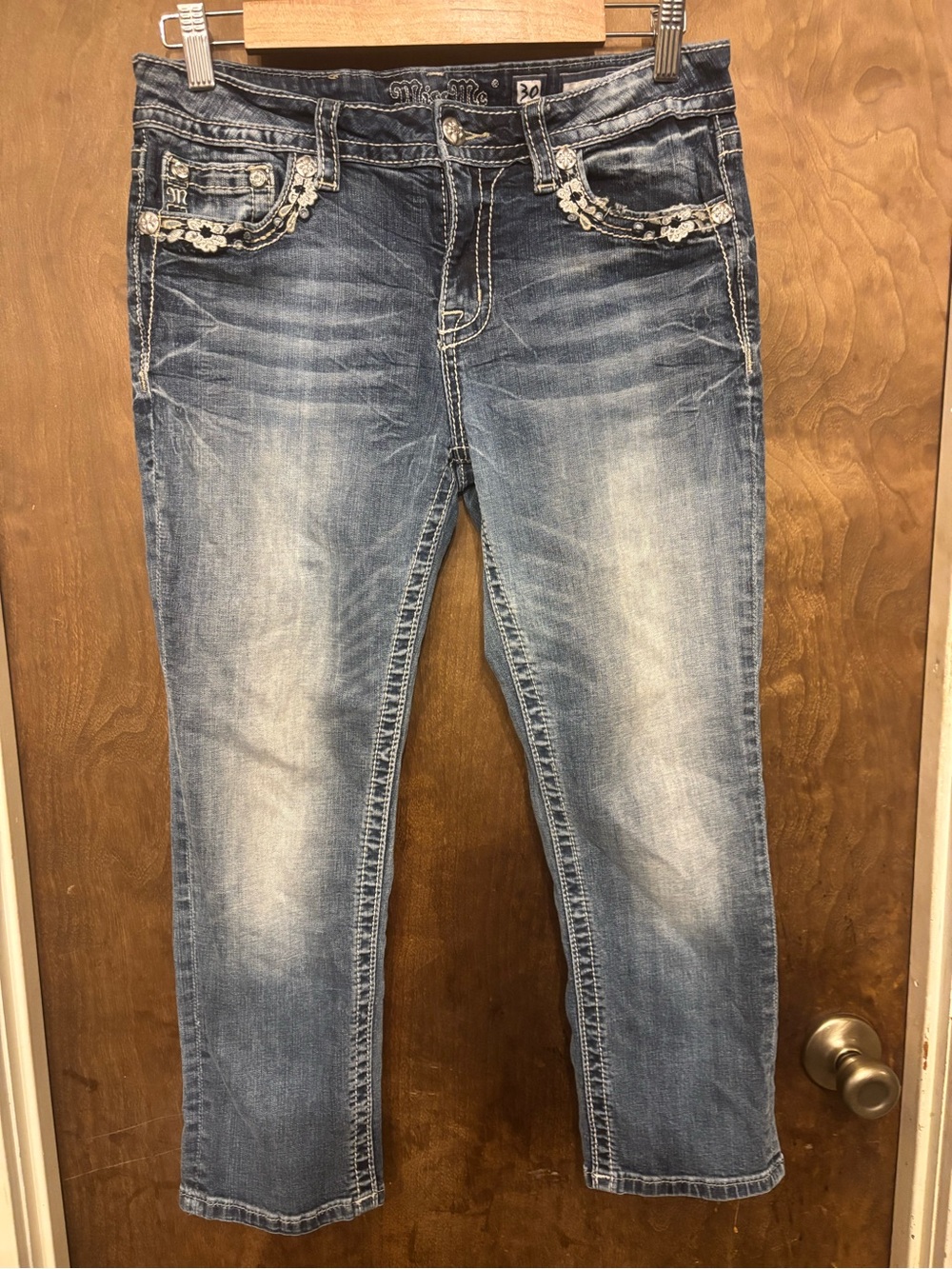 Miss Me Medium Blue Straight Leg Capris with Embroidered Pockets